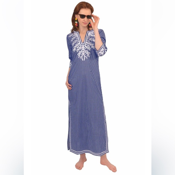 Gretchen Scott The Reef Caftan Dress- Embroidered Gingham Coastal DREMRFGH Large - Picture 1 of 11